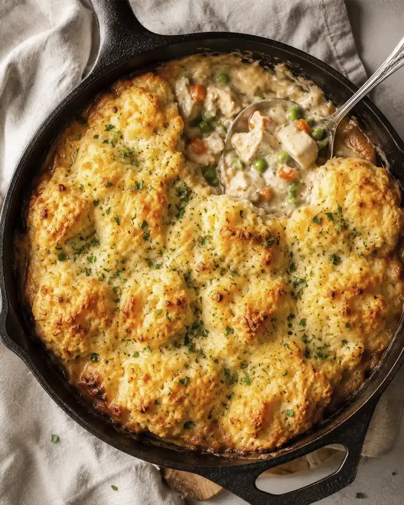 Golden cheddar biscuit topping over creamy chicken potpie in a cast iron skillet