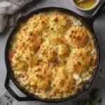 Cheesy biscuit topped chicken casserole with melted butter and herbs on top