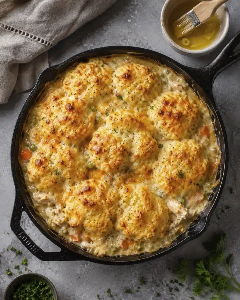 Cheesy biscuit topped chicken casserole with melted butter and herbs on top