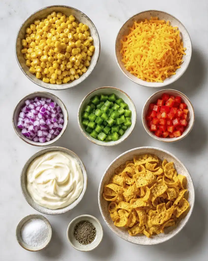 small bowls with corn, cheese, peppers, onion, mayonnaise, and corn chips arranged neatly
