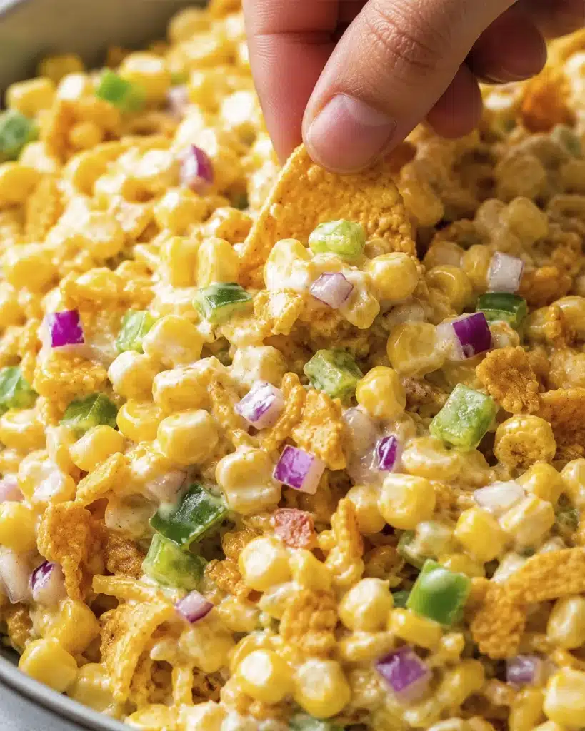 hand dipping a corn chip into creamy corn salad with peppers and onion