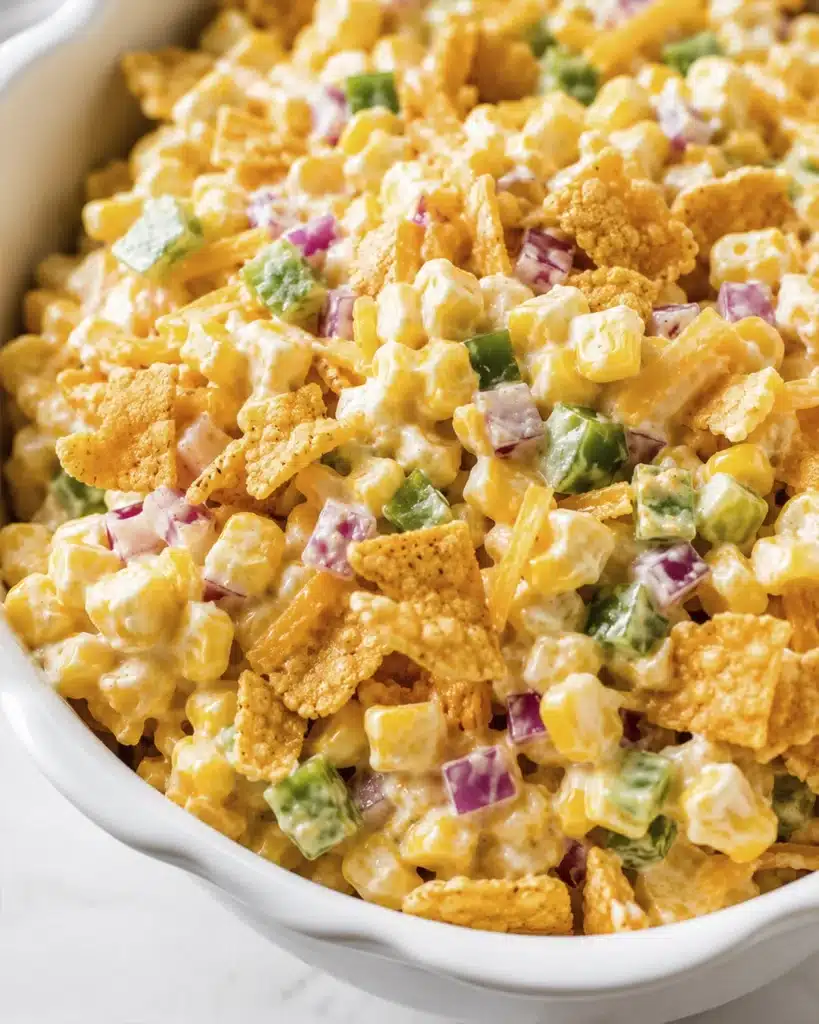 close up of corn salad with cheese, peppers, onion, and crispy chips in a bowl