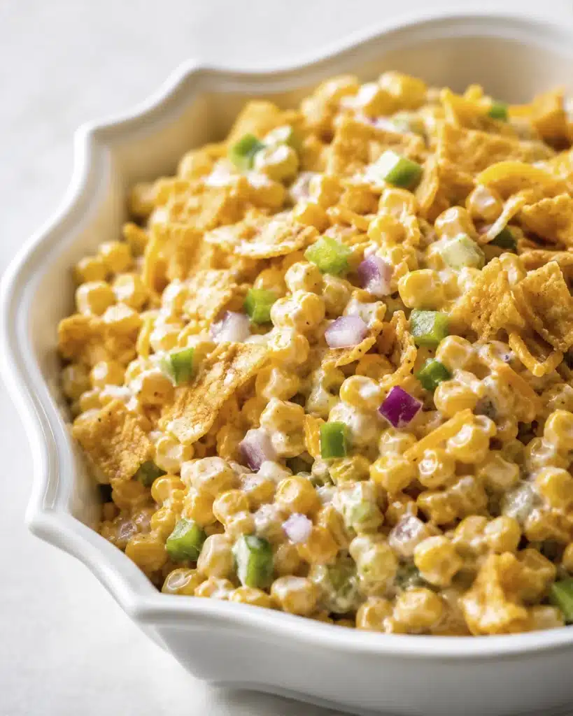 bowl filled with creamy corn salad topped with crunchy corn chips and vegetables