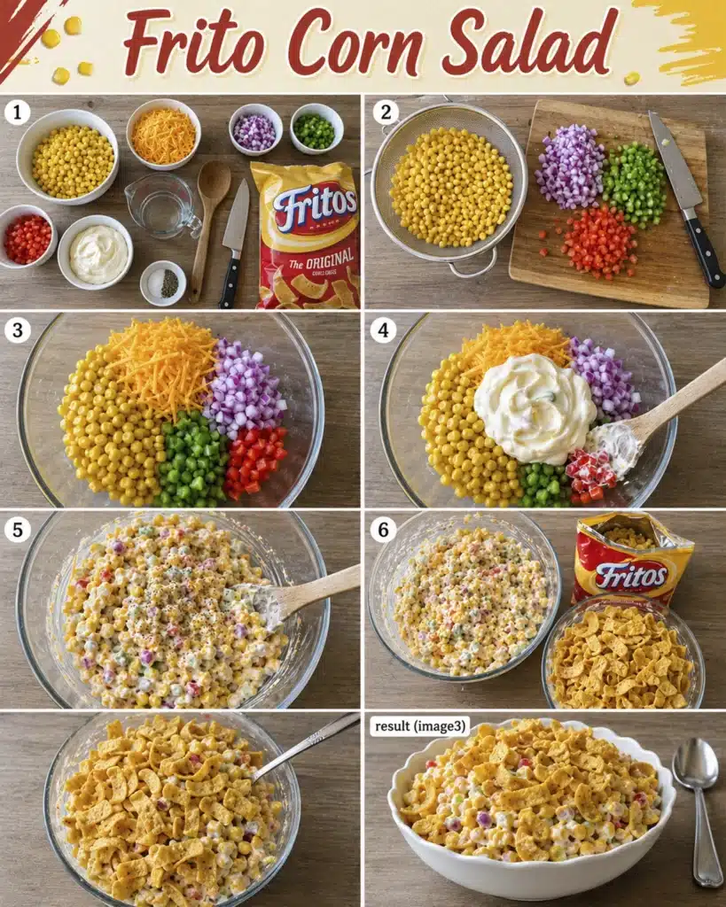 collage showing steps of mixing corn, vegetables, cheese, and chips into a salad