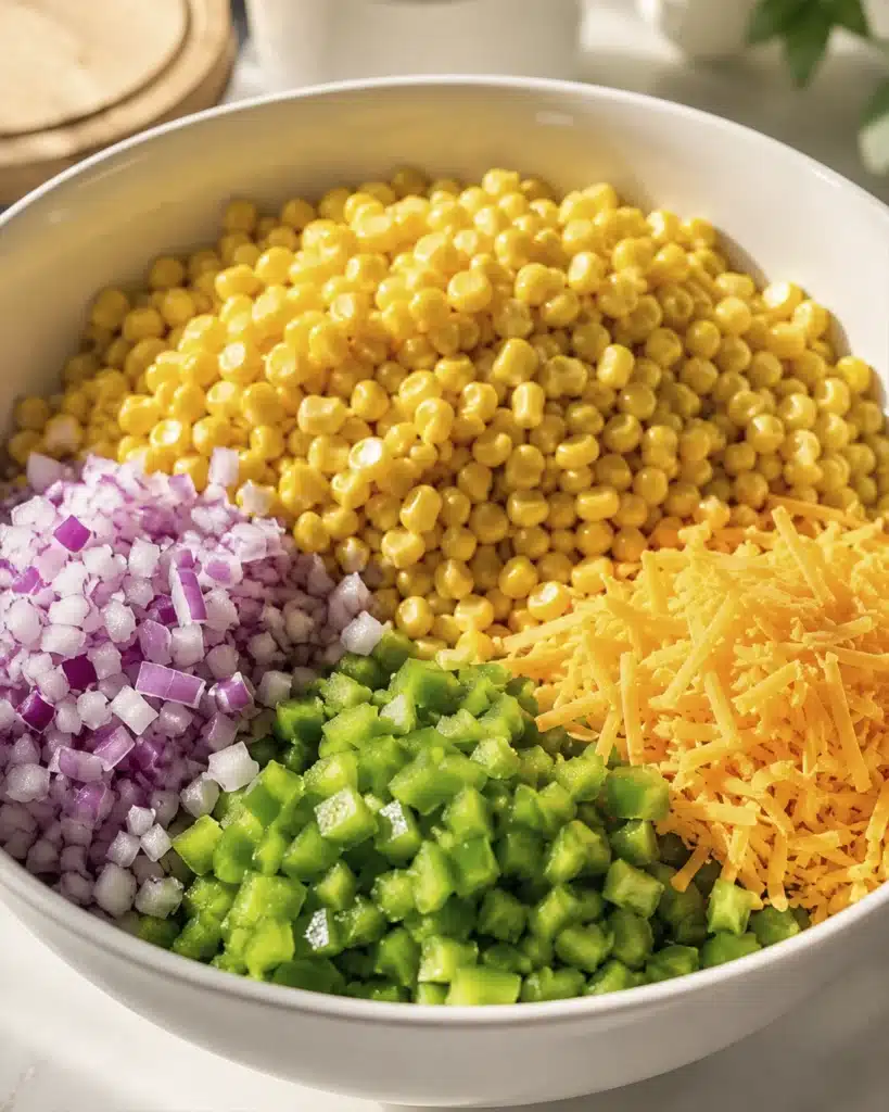 bowl with sweet corn, diced onion, green peppers, and shredded cheese before mixing
