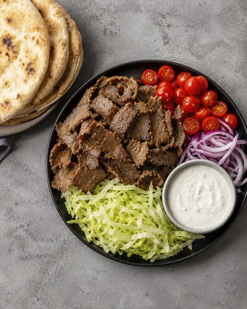Sliced gyro beef served with lettuce, tomatoes, red onion, creamy sauce, and warm pita bread.