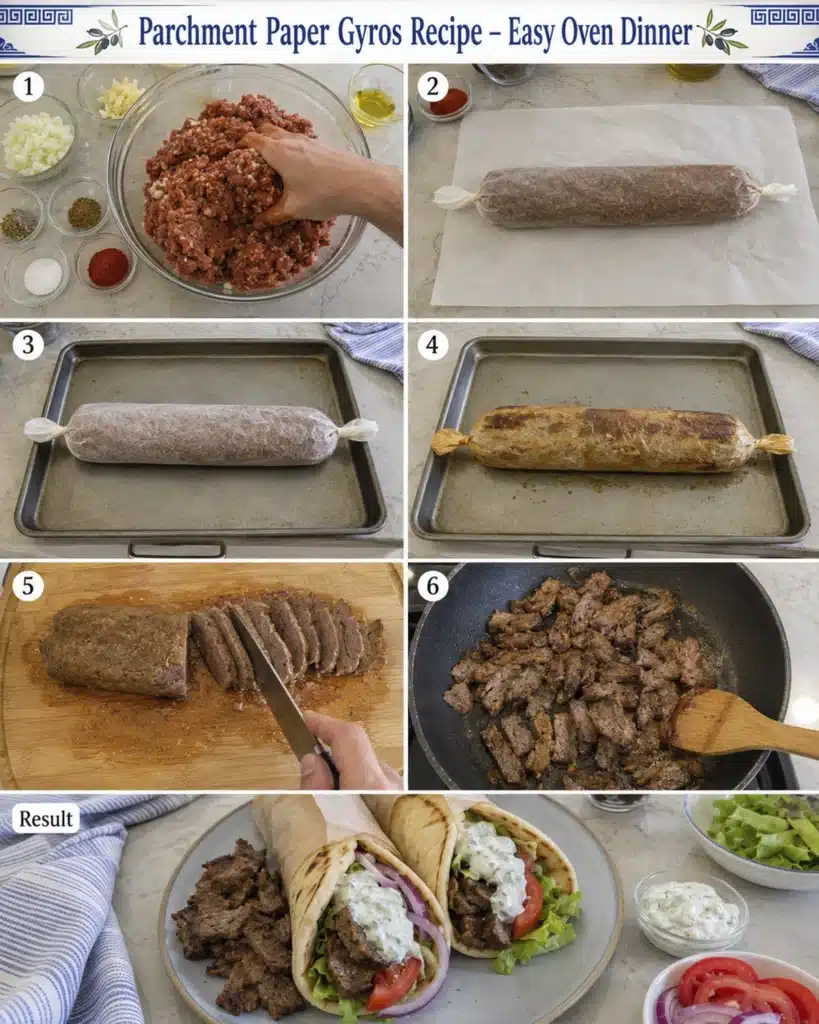 Step by step collage showing ground beef mixed, wrapped in parchment, baked, sliced, browned, and served in pita.
