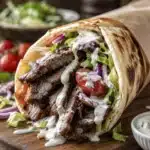 Close up gyro wrap filled with juicy beef, lettuce, tomatoes, red onion, and dripping creamy sauce.