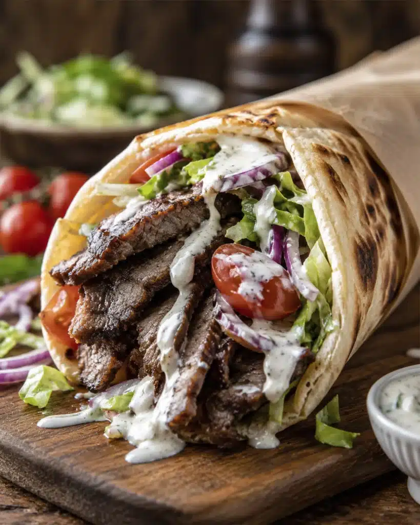 Close up gyro wrap filled with juicy beef, lettuce, tomatoes, red onion, and dripping creamy sauce.