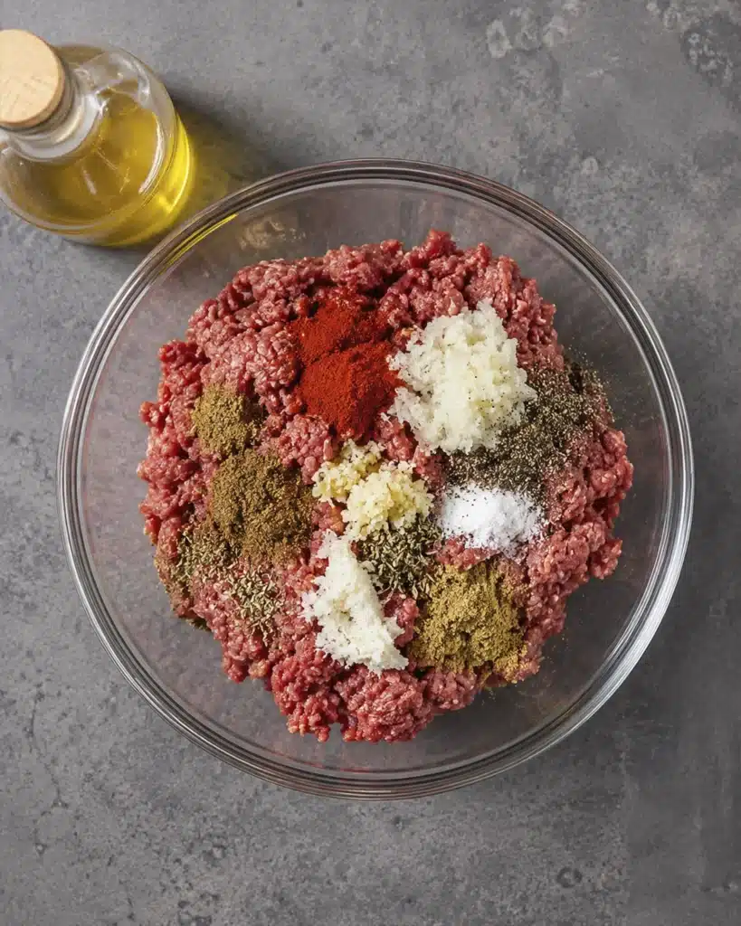 Ground beef topped with chopped onion, garlic, paprika, herbs, salt, pepper, and spices in a glass bowl.