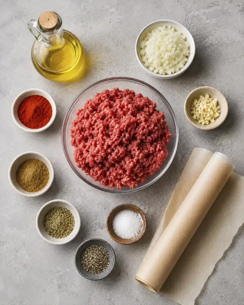 Ground beef, chopped onion, garlic, olive oil, spices, and parchment paper arranged on a gray surface.