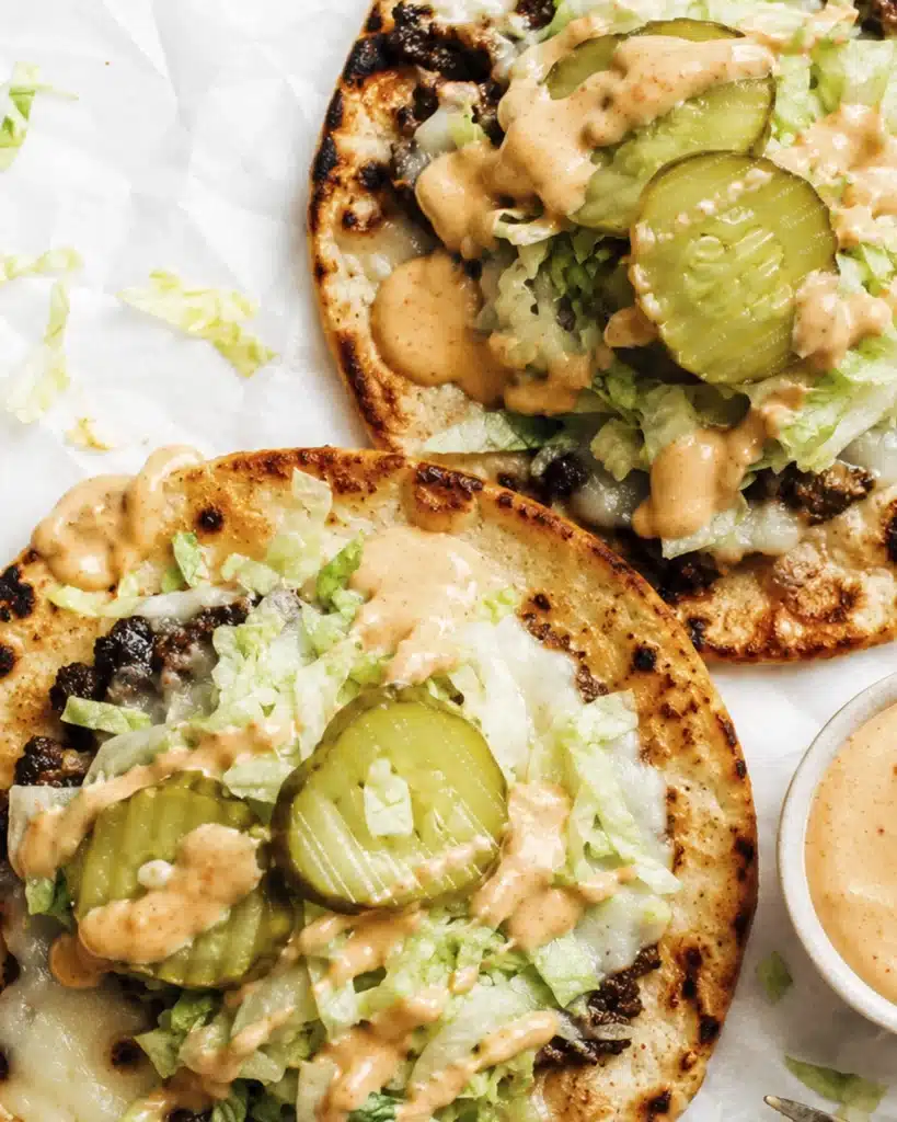 Two smash burger tacos topped with melted cheese lettuce pickles and creamy orange sauce