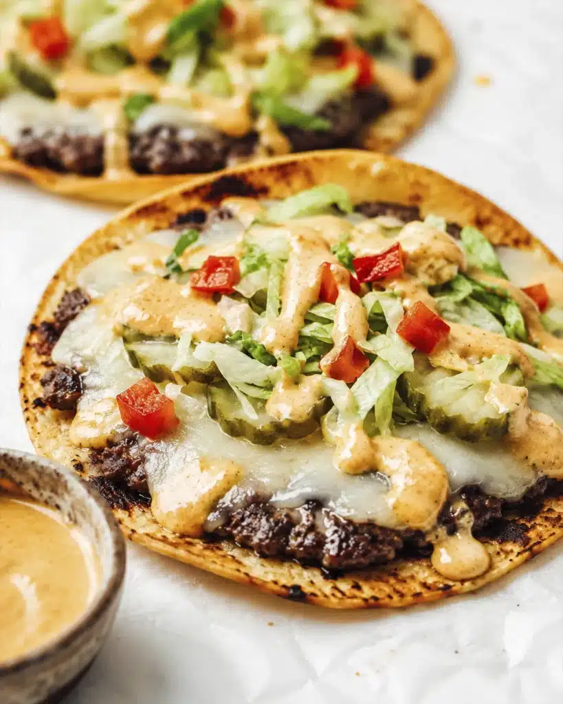 Close up smash burger tacos with melted cheese ground beef lettuce pickles and sauce