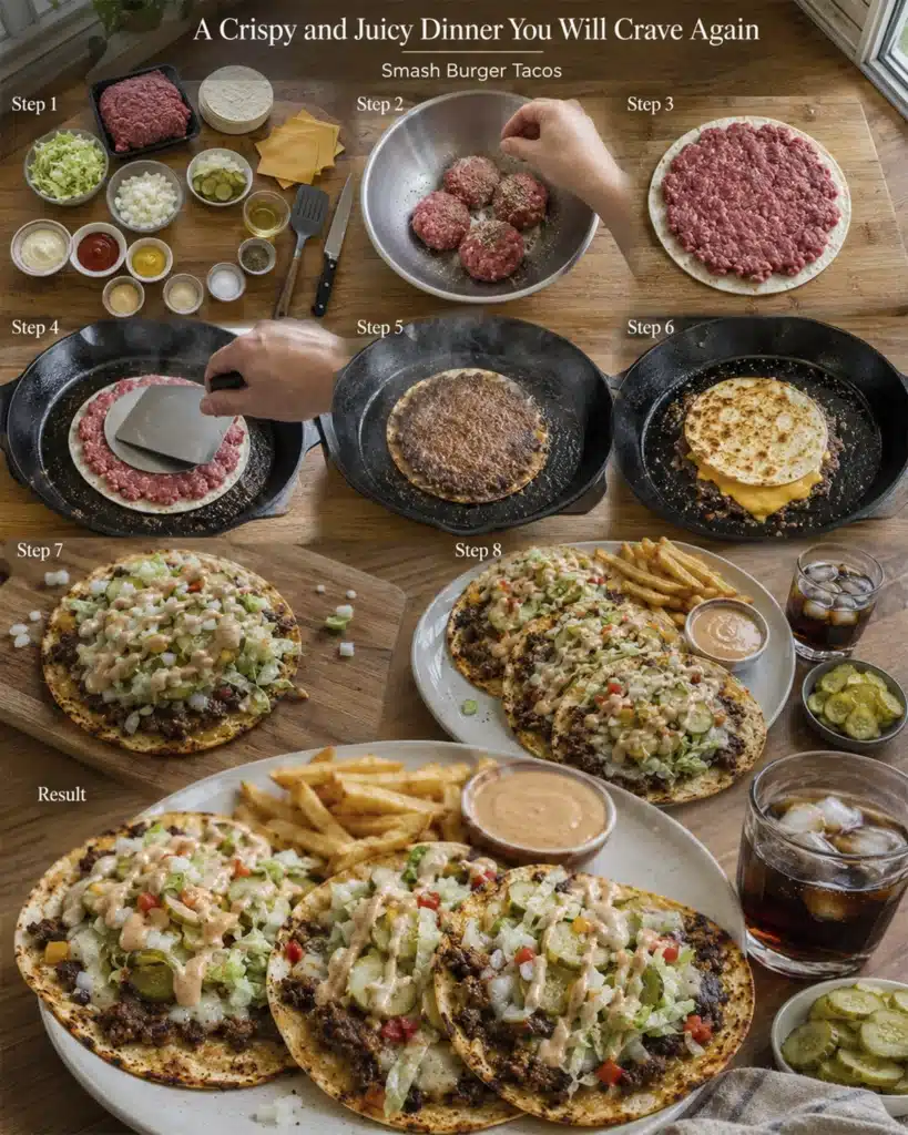 Step by step smash burger tacos preparation from raw ingredients to cooked tacos