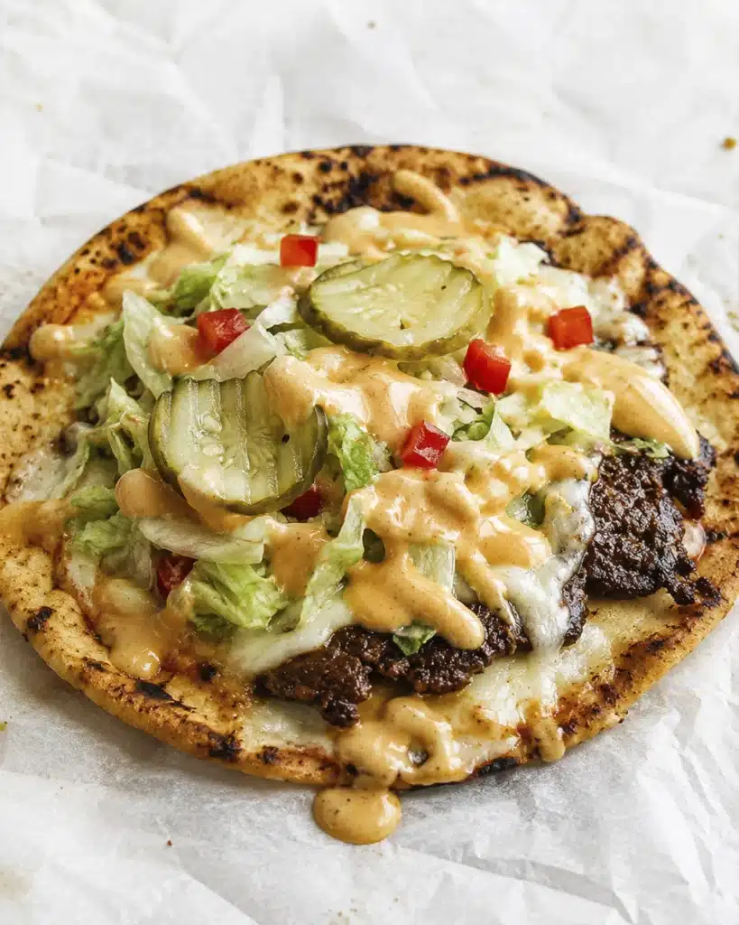 Smash burger tacos on crispy tortilla with ground beef melted cheese lettuce and sauce
