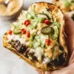Hand holding smash burger tacos with melted cheese lettuce pickles and creamy sauce