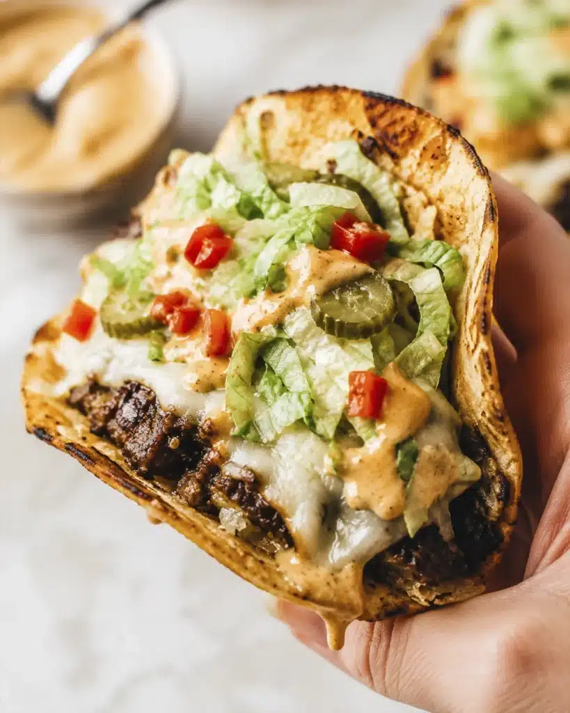 Hand holding smash burger tacos with melted cheese lettuce pickles and creamy sauce