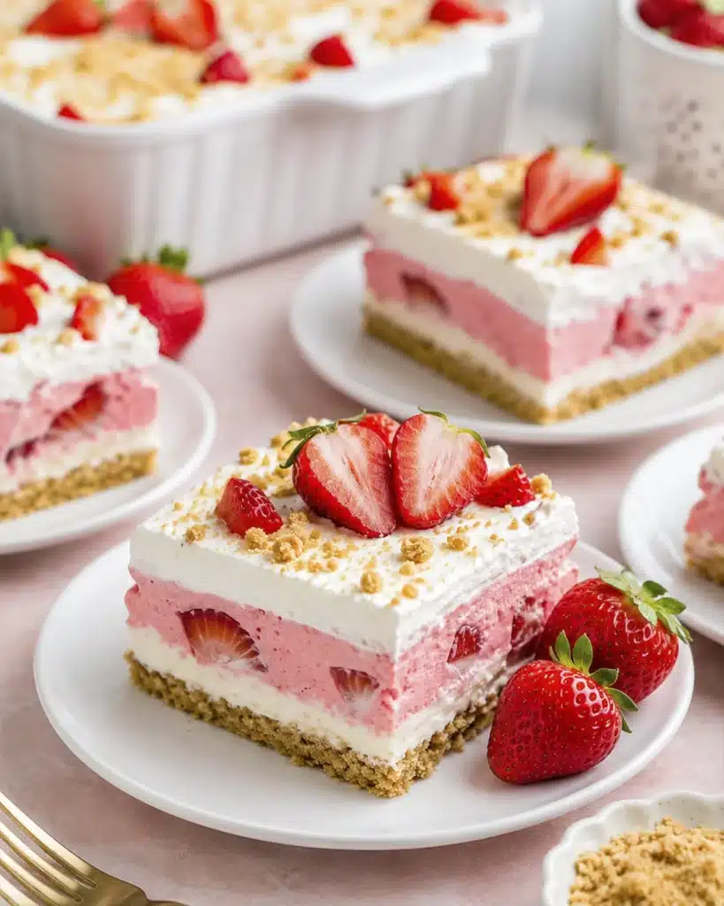 Platedlasagna slices served on white dishes with fresh strawberries and soft background