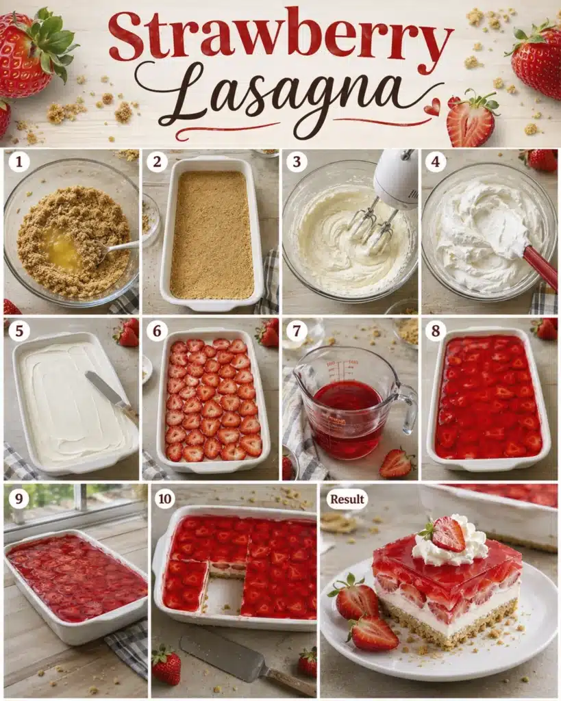 Step by step process of making lasagna with crust, cream layer, strawberries, and gelatin topping