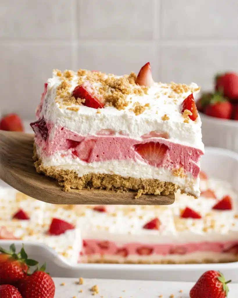 Strawberry slice lifted on a wooden spatula with visible creamy and fruit layers
