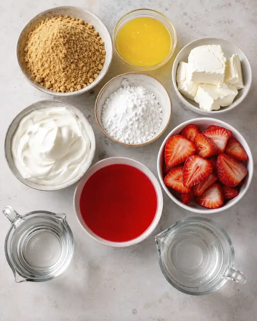 Ingredients for lasagna including strawberries, cream cheese, whipped topping, and graham crumbs