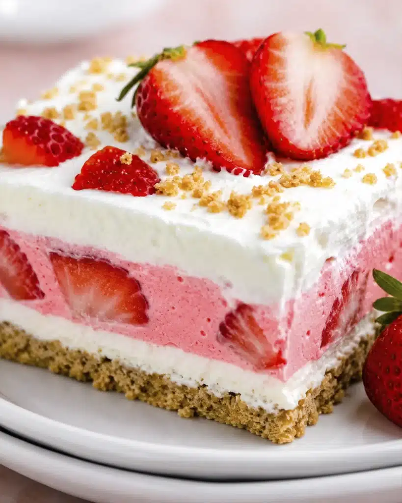 Close up of a lasagna slice showing creamy layers and fresh strawberries on top
