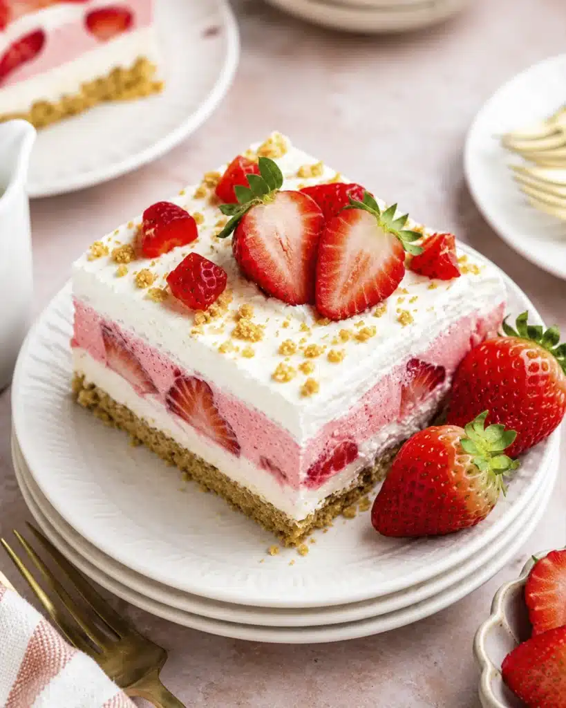 Layered dessert square with whipped topping and sliced strawberries on a white plate