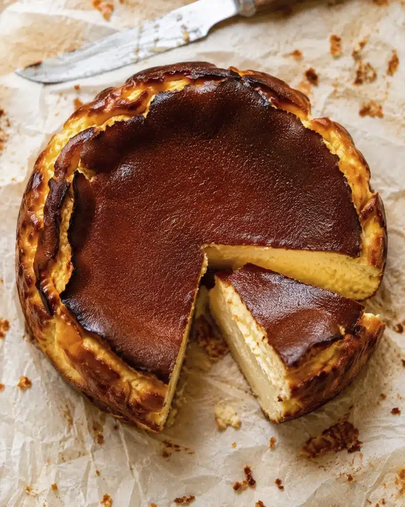 round basque burnt cheesecake with a slice removed showing a smooth creamy inside