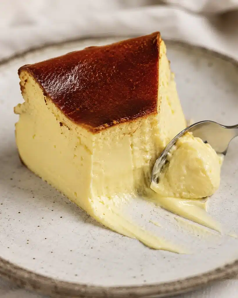 close up of basque burnt cheesecakee slice on a plate with a soft creamy texture