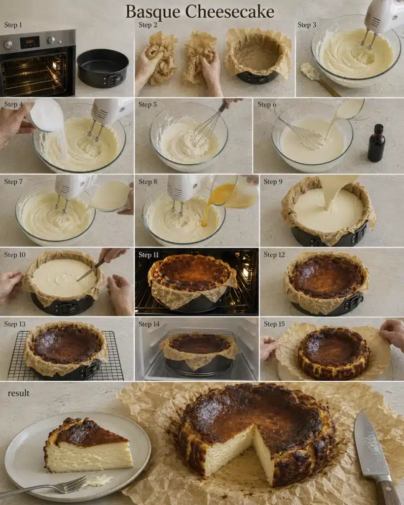 step by step process showing how to prepare a baked basque burnt cheesecake from mixing to baking
