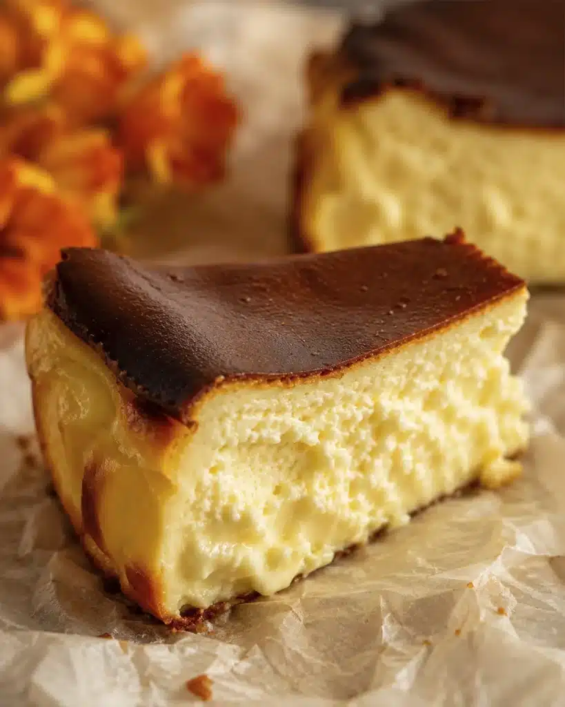 slice of basque burnt cheesecake showing a soft custardy interior on parchment paper