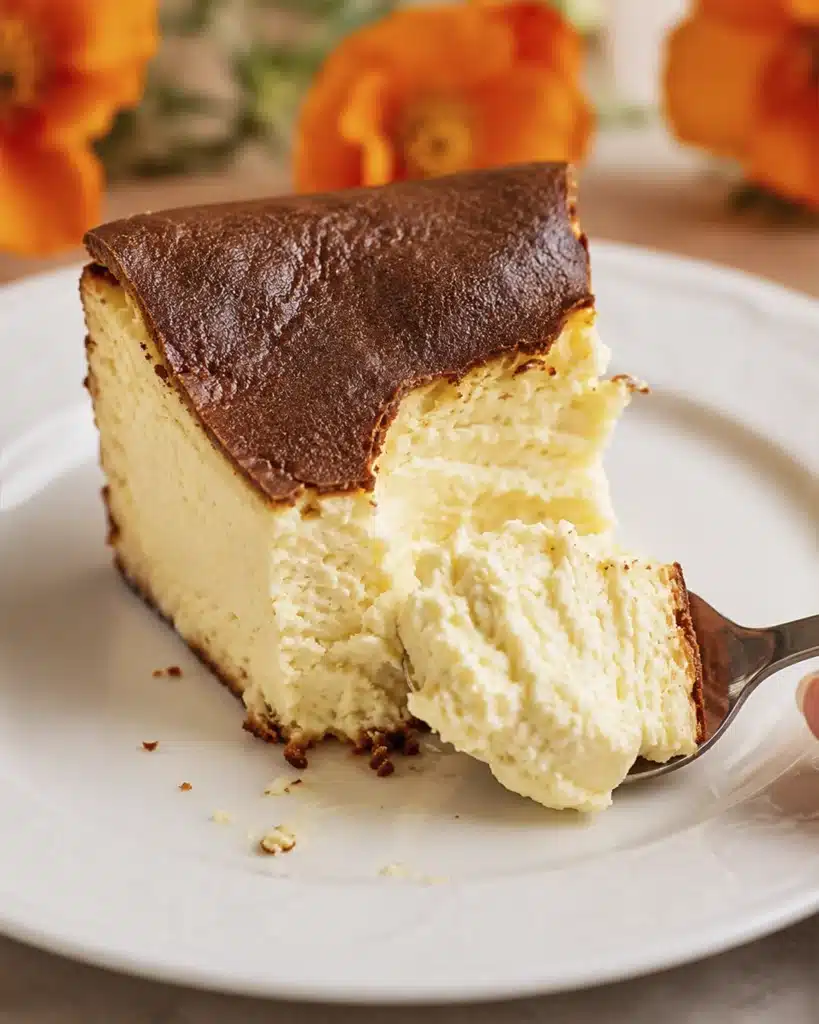 slice of basque burnt cheesecakewith a spoon lifting the creamy soft interior