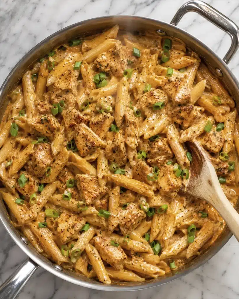 One pot cajun chicken pasta in a skillet with penne and green onions