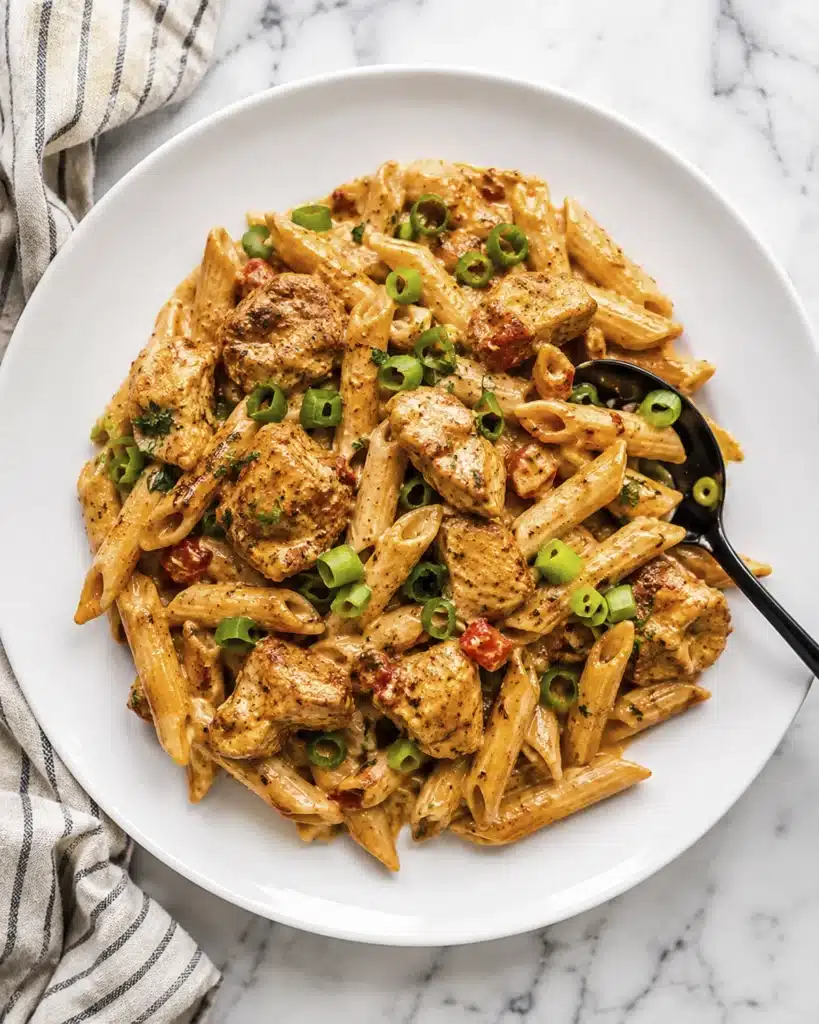 cajun chicken pasta sauce topped with green onions on a plate