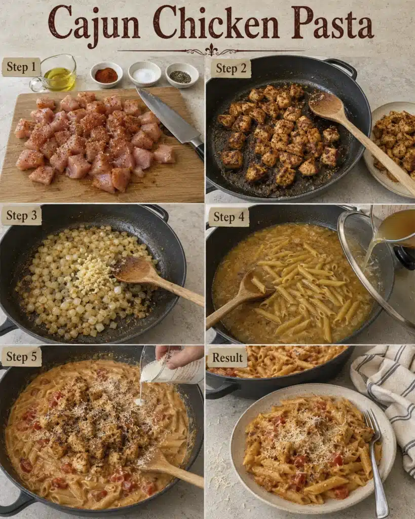 Step by step preparation of cajun chicken pasta from raw ingredients to final dish