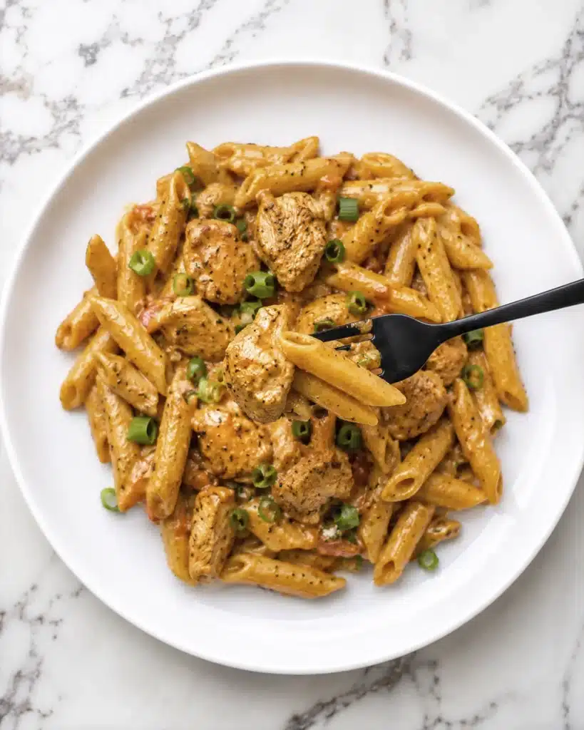 Creamy cajun chicken pasta bowl with grilled chicken and herbs