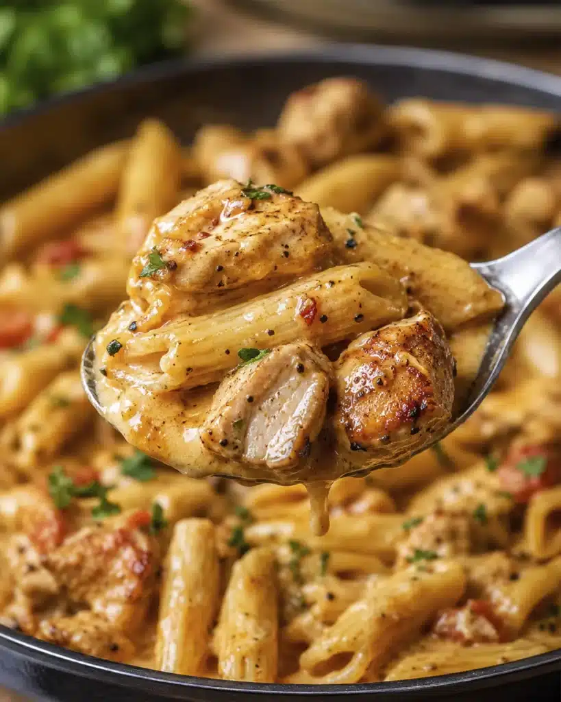Close up of cajun chicken pastaon a spoon with sauce dripping