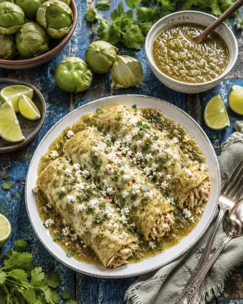 tomatillo enchilada sauce plated with tomatillo enchilada sauce surrounded by tomatillos lime and cilantro on a rustic table