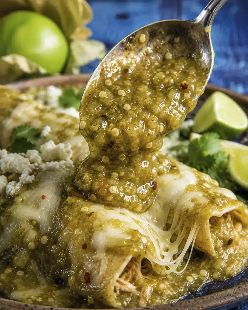 bowl filled with tomatillo enchilada sauce surrounded by fresh tomatillos and lime wedges on blue wooden background