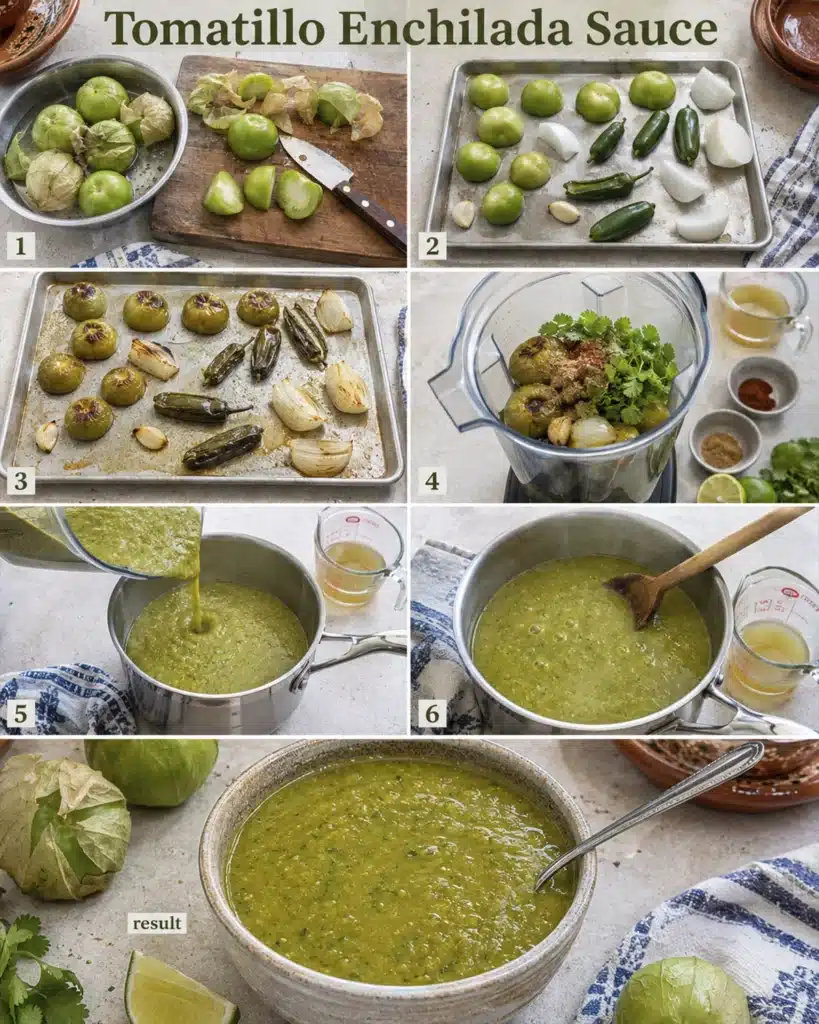 collage showing tomatillo enchilada sauce being prepared from chopped roasted and blended tomatillos