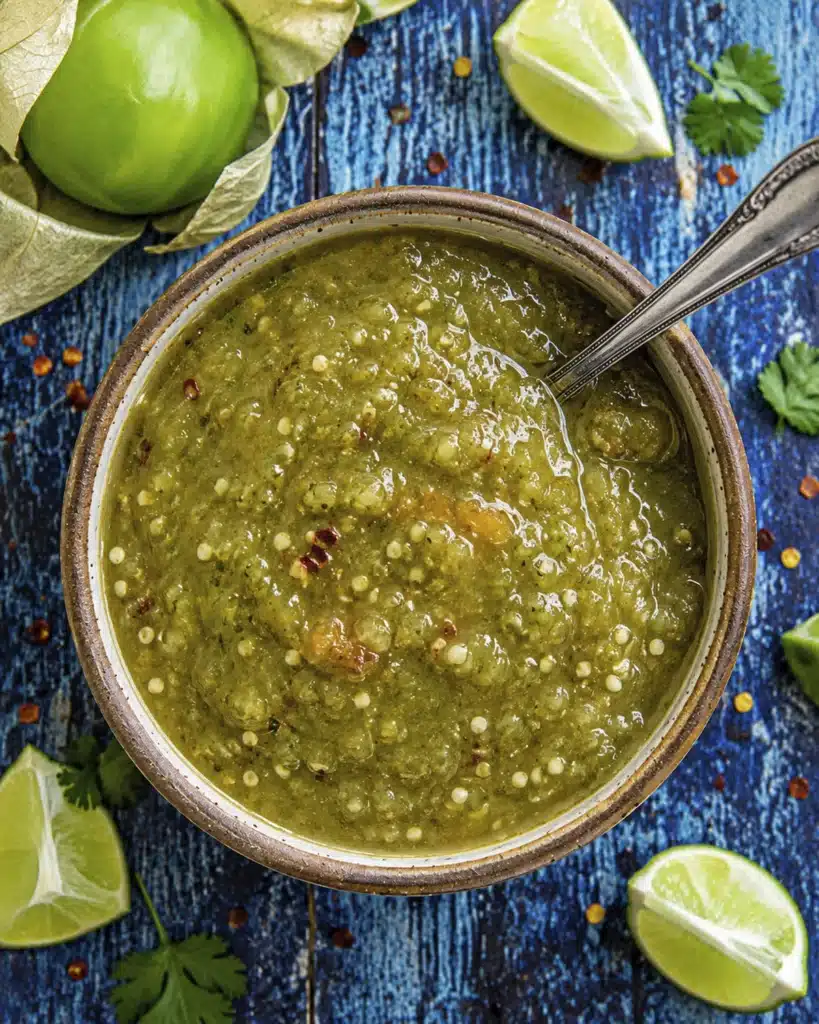 close up of tomatillo enchilada sauce in a bowl with spoon and fresh tomatillos on a rustic surface