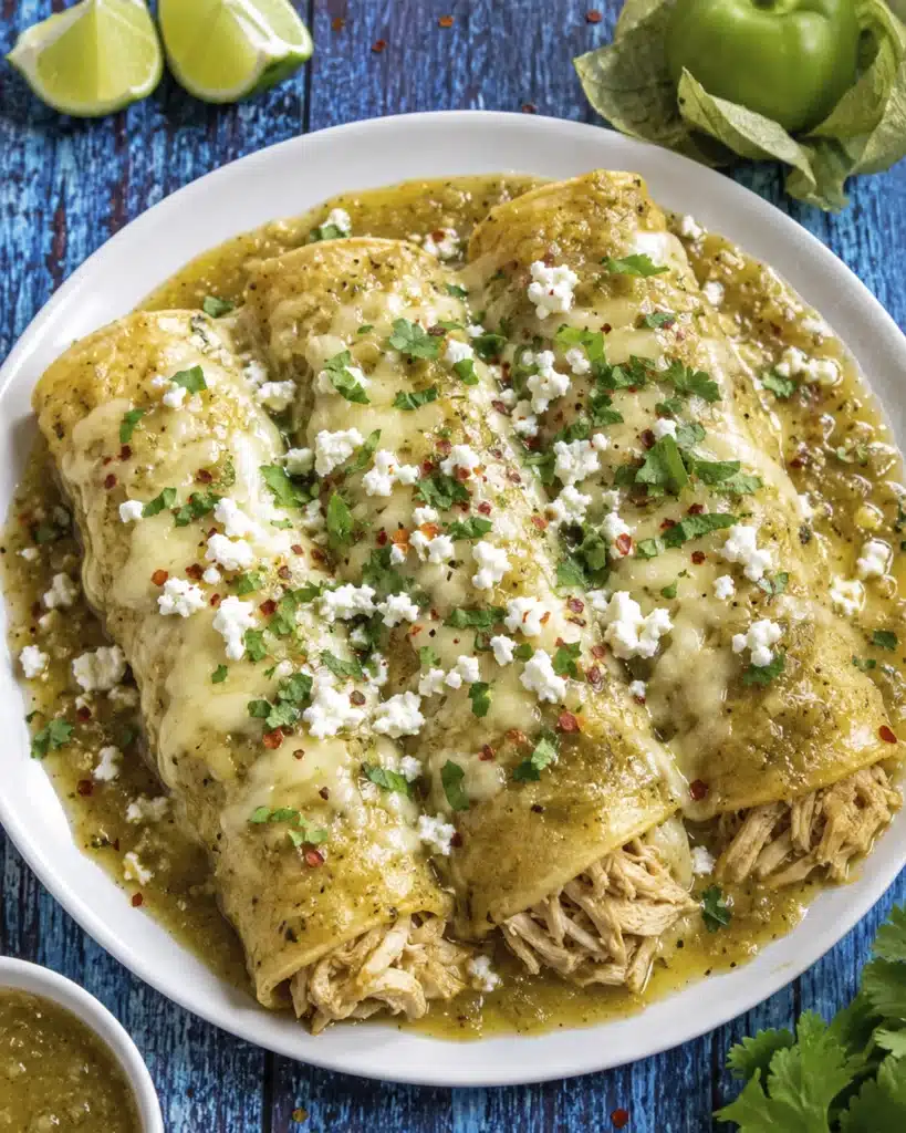 plate of tomatillo enchilada sauce covered in tomatillo enchilada sauce topped with melted cheese and fresh herbs